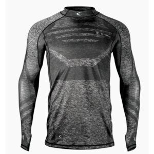 Performance black and gray paintball jersey with moisture-wicking fabric, designed for durability and comfort during intense paintball games. Perfect for serious players seeking premium gear.