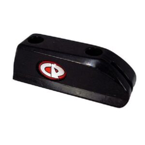 Black paintball barrel bumper with premium paintball products logo for enhanced shot accuracy and durability in paintball games.