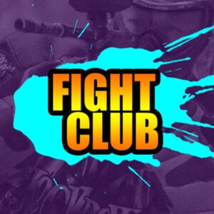 Vibrant Fight Club logo with bold yellow and orange text on a blue paint splatter background, symbolizing paintball combat and action. Perfect for showcasing professional paintball gear and accessories.