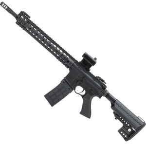 - High-performance tactical rifle with customizable rail system for airsoft and paintball enthusiasts.