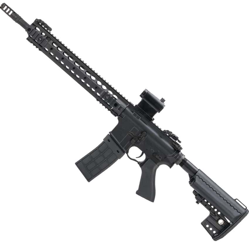 - High-performance tactical rifle with customizable rail system for airsoft and paintball enthusiasts.