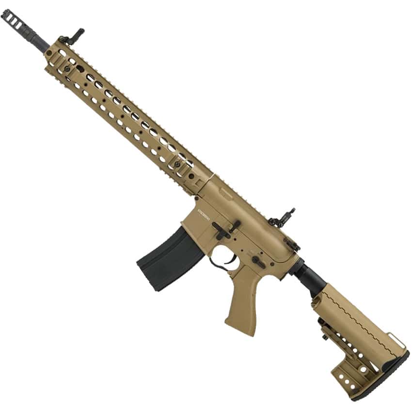 Semi-automatic paintball marker with a tan finish, adjustable stock, and tactical rail system. Designed for competitive paintball gameplay and professional tournaments.