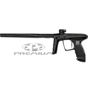 High-performance electric paintball marker with sleek black design for competitive play and outdoor sports.