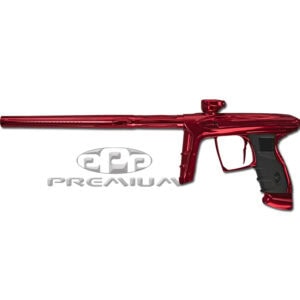 Red metallic paintball marker with ergonomic grip and long barrel for precision shooting.
