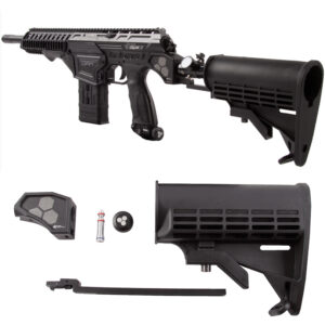 Enhanced tactical paintball gun with adjustable stock, high-capacity hopper, and precision barrel, perfect for competitive paintball and outdoor gameplay.