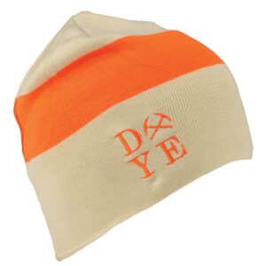 Premium orange and beige striped beanie hat with embroidered "DYE" logo, perfect for paintball players and outdoor sports enthusiasts.