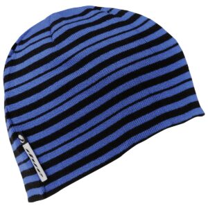 Striped blue and black knit beanie hat with a logo tag, ideal for outdoor sports and cold weather, made from warm, comfortable material.
