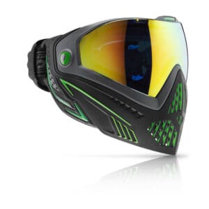 High-performance black and green paintball mask with tinted visor for safety and visibility during paintball games.