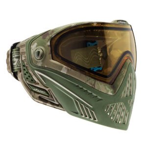 Full-face paintball mask with camouflage design and amber tinted visor for enhanced visibility and protection during paintball games. Ideal for safety and performance in paintball sports.