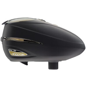 High-performance R2-Duo paintball hopper with sleek black and gold design, designed for speed and reliability in competitive paintball gameplay.