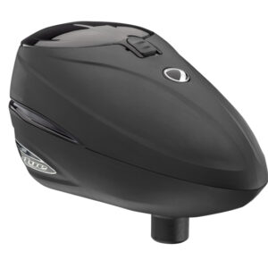 High-performance black paintball hopper for rapid firing and reliable paintball game equipment. Durable design suitable for competitive paintball matches.