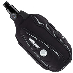 Compressed air paintball tank with pressure gauge in a durable black protective cover for outdoor paintball games.
