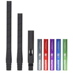 Black paintball barrel tubes and color-coded paintball shells for high-performance paintball gameplay.