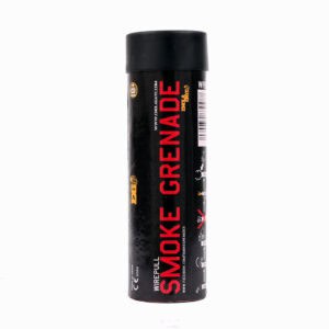 High-impact smoke grenade for paintball games, black, with bright red label and safety instructions, designed for realistic effects and strategic gameplay in airsoft and paintball matches.