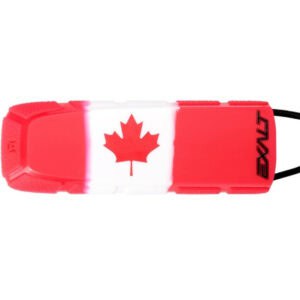 Bright red paintball bunker featuring a white Canadian maple leaf, designed for competitive paintball games, with durable construction and enhanced visibility for tactical advantage.