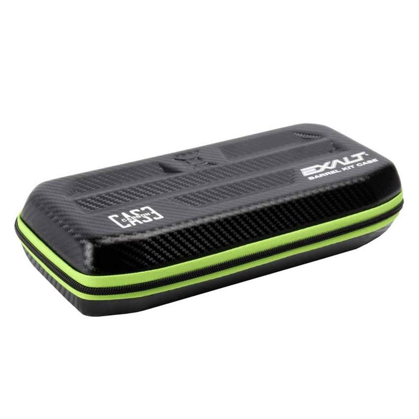 High-quality black and green paintball barrel case with durable carbon fiber design suitable for storing and protecting paintball barrels and equipment.