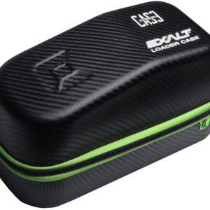 Carbon fiber paintball loader case with green zipper, premium paintball products for storage and protection of paintball gear, lightweight durable carrying case for paintball equipment.