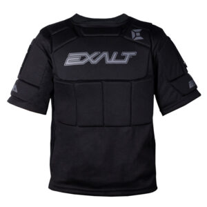 Body armor for paintball players, black tactical vest with padded protection and adjustable fit, designed for optimal safety and performance during paintball games.