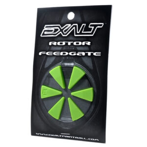 Rotor feedgate paintball loader upgrade for enhanced game performance, featuring durable design and bright green paddles.