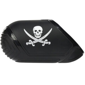 Black paintball hopper with skull and crossbones design for premium paintball equipment and accessories.