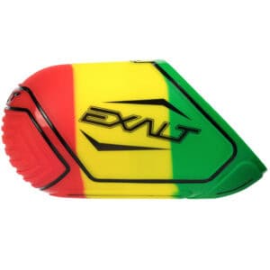 Bright red, yellow, and green paintball hopper with "Dye" logo, designed for high-performance paintball gameplay, ensuring reliable paintball feed for competitive players.