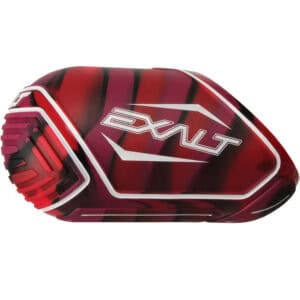 Red and black Tippmann paintball hopper with white accents, designed for high performance and durability in paintball games.