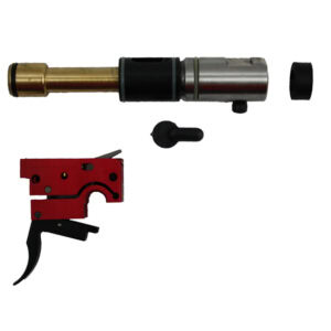 Gold and silver paintball marker barrel with black and red trigger components, precision engineered for optimal performance.