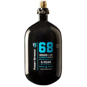 ES First Strike Carbon Fiber 68ci 4500 PSI High-Pressure Paintball Air Tank, Lightweight and Durable for Competitive Paintball Games.
