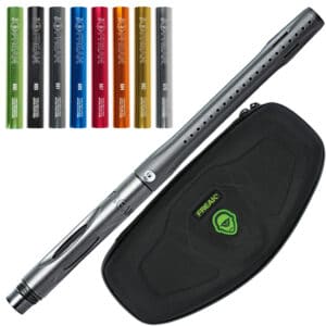 Multi-color paintball shells with markers along with a metallic barrel and a black protective case. Designed for professional paintball gameplay and accessories storage. High-quality paintball equipment for enthusiasts and tournament players.