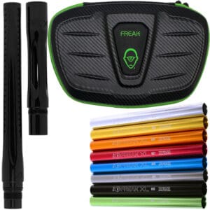 Freak paintball hopper and barrels set for high-performance paintball games, featuring durable design, vibrant colors, and compatibility with premium paintball products.