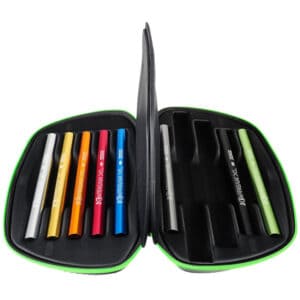 Bright paintball marker case with colorful markers and accessories for premium paintball gameplay and equipment storage.