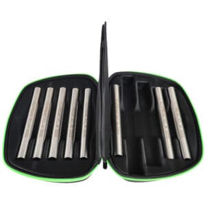 Stainless steel paintball squeegees in a protective carrying case, essential for cleaning paintball barrels during game play. Durable and compact design for easy transport and reliable performance.
