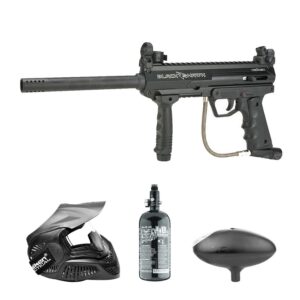 Advanced paintball gun with scope for professional gameplay, includes mask, CO2 tank, and hopper for high-performance paintball accessories. Perfect for competitive paintball players.