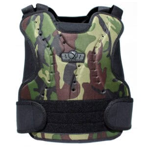 Camouflage paintball chest protector for tactical safety at premium paintball stores.