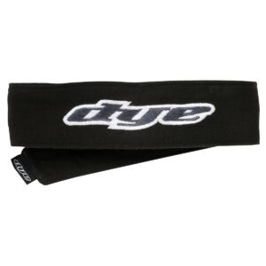 High-quality black headband with DYE logo embroidery for paintball players, enhancing comfort and style during gameplay. Perfect for paintball accessories and gear.