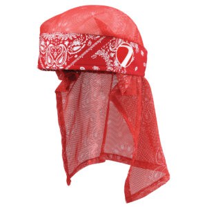 Red bandana neck gaiter with paisley pattern and breathable mesh fabric for paintball protection and style.