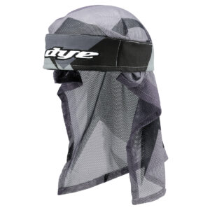 Lightweight black, gray, and white camouflage paintball mask with mesh face guard and adjustable strap for optimal fit.