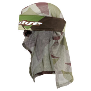 Camouflage paintball mask with mesh covering and adjustable head strap for enhanced protection and visibility during paintball games.