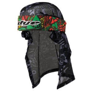 Flexible paintball mask with colorful headband and mesh design for enhanced safety and performance.