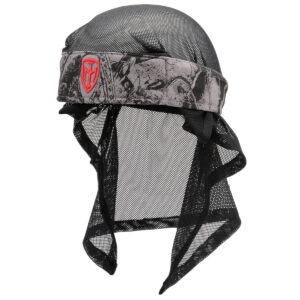 Black mesh paintball headgear with adjustable straps and a branded headband for optimal comfort and protection during paintball games.