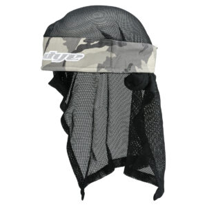 Black mesh paintball mask with camouflage headband, designed for optimal visibility and comfort during paintball games. Adjustable and lightweight for active play.