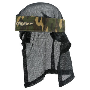 Mesh paintball head covering with camouflage headband for protection and style during paintball games. Durable, breathable, and designed for comfort and performance in competitive paintball scenarios.