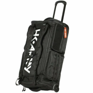 Heavy-duty black paintball gear duffle bag with wheels and shoulder strap, ideal for transporting equipment to paintball matches. Durable, spacious, and designed for serious paintball players.