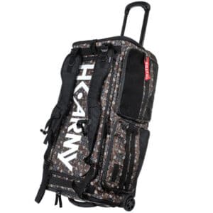 Heavy-duty camouflage paintball gear bag with wheels, multiple compartments, and adjustable straps for optimal storage and transport of paintball equipment. Perfect for players seeking durable, spacious paintball accessories.