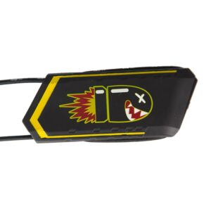 Black paintball pod with comic-style explosion and monster face logo, perfect for premium paintball markers and accessories. Ideal for high-performance paintball gear and competitive play.