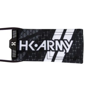 Black and white HK Army paintball gear, versatile and durable for professional paintball games, featuring the prominent HK Army logo on a rugged fabric design.