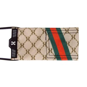 Vintage-style fabric mask holder featuring a beige geometric pattern and signature green and red stripes, designed for paintball accessories.