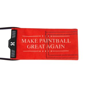 Make Paintball Great Again slogan on red fabric paintball gear holder for sports and recreational activities.