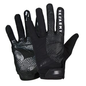 Superior black and gray paintball gloves with breathable materials, enhanced grip, and protection for competitive paintball gameplay. Perfect for durability and optimal performance.