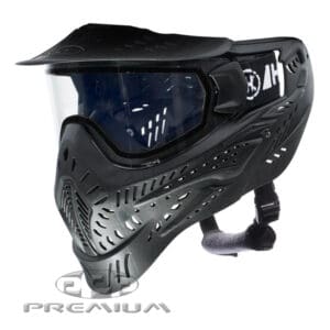 High-performance black paintball mask with enhanced visibility and protection, ideal for competitive and recreational paintball games.